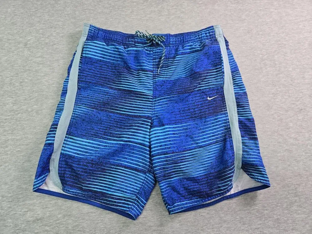 Nike Shorts Mens Medium Blue Striped Swim Trunks Lined Drawstring Mesh Liner